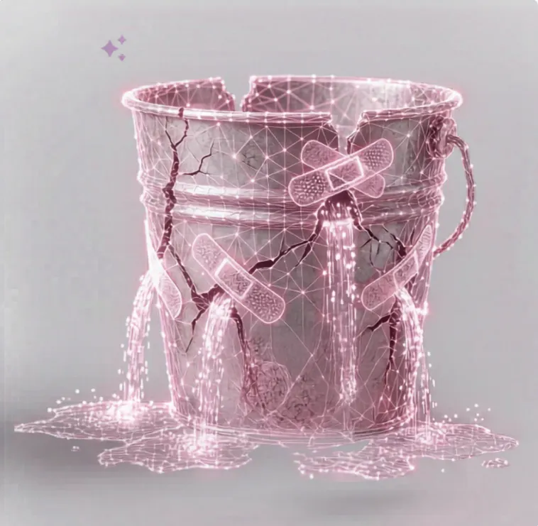 Glowing broken bucket showing patched leaks